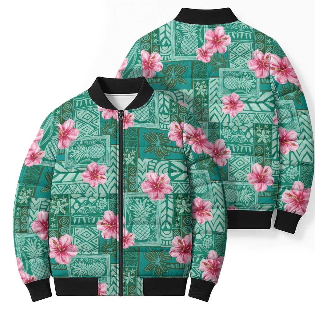 Cyan Hawaii Hibiscus With Tropical Flowers Motifs Bomber Puffer Jacket - Polynesian Pride