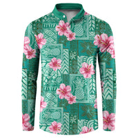 Cyan Hawaii Hibiscus With Tropical Flowers Motifs Button Sweatshirt LT14 Cyan - Polynesian Pride