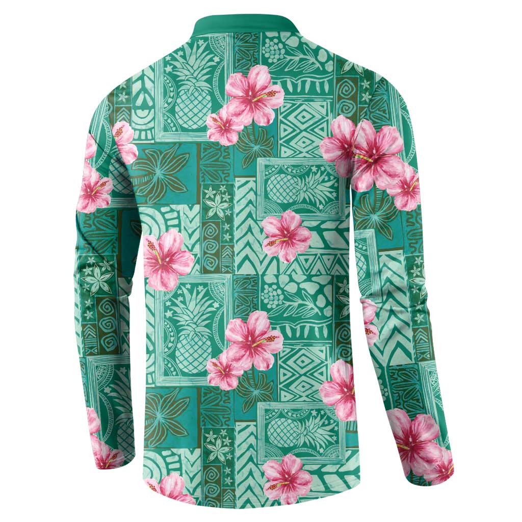 Cyan Hawaii Hibiscus With Tropical Flowers Motifs Button Sweatshirt LT14 - Polynesian Pride