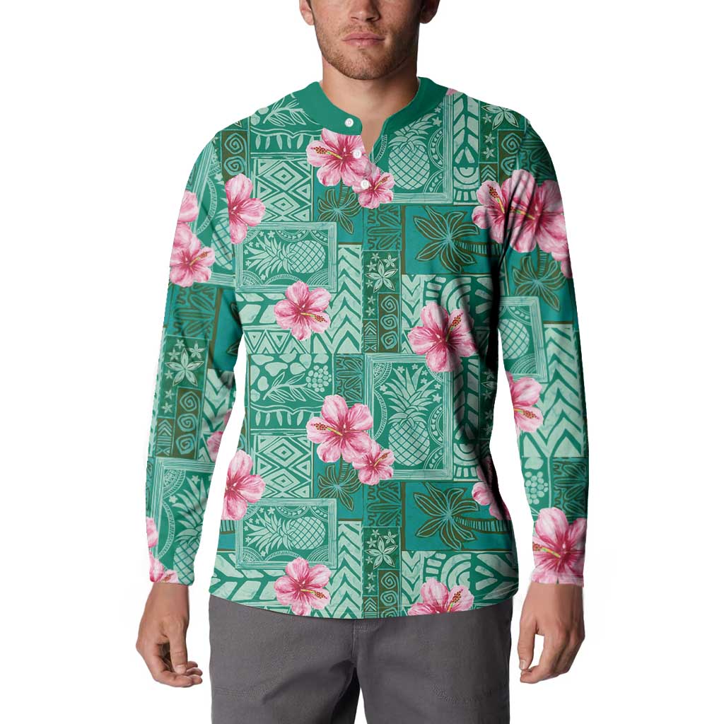 Cyan Hawaii Hibiscus With Tropical Flowers Motifs Button Sweatshirt LT14 - Polynesian Pride