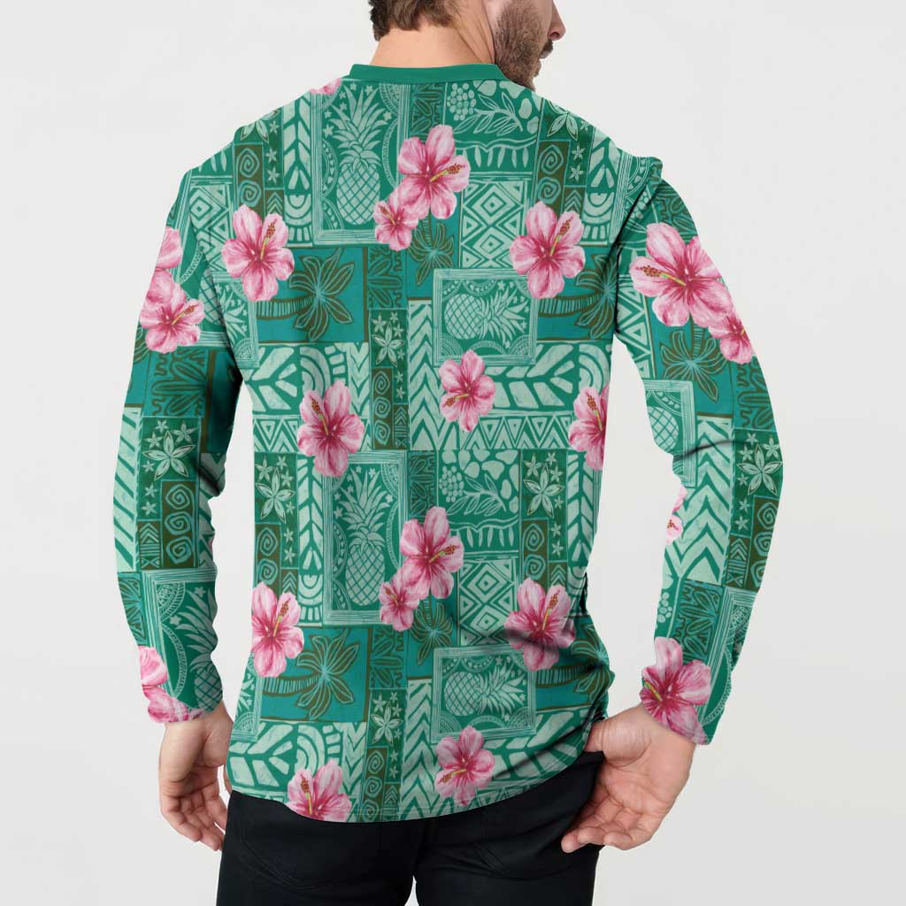 Cyan Hawaii Hibiscus With Tropical Flowers Motifs Button Sweatshirt LT14 - Polynesian Pride
