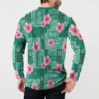 Cyan Hawaii Hibiscus With Tropical Flowers Motifs Button Sweatshirt LT14 - Polynesian Pride