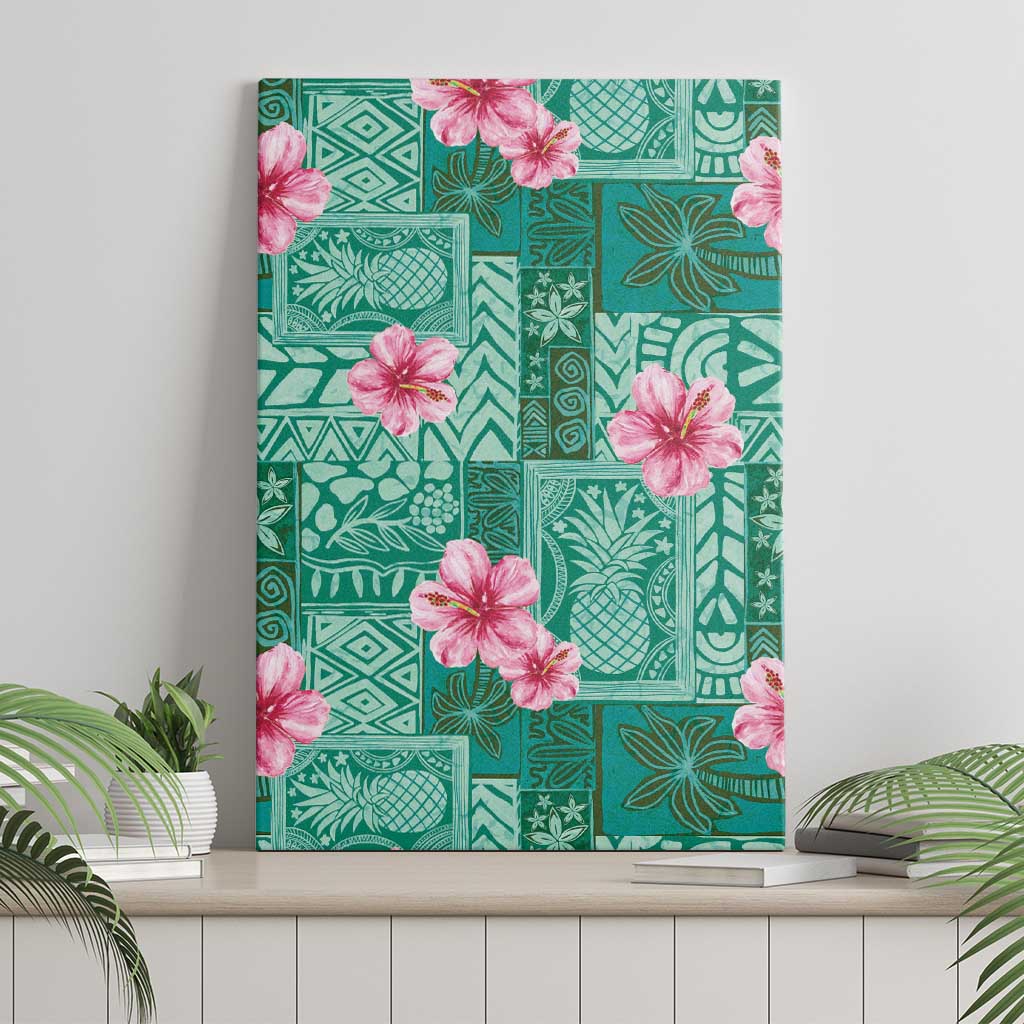 Cyan Hawaii Hibiscus With Tropical Flowers Motifs Canvas Wall Art LT14 - Polynesian Pride