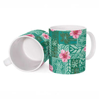 Cyan Hawaii Hibiscus With Tropical Flowers Motifs Ceramic Mug - Polynesian Pride