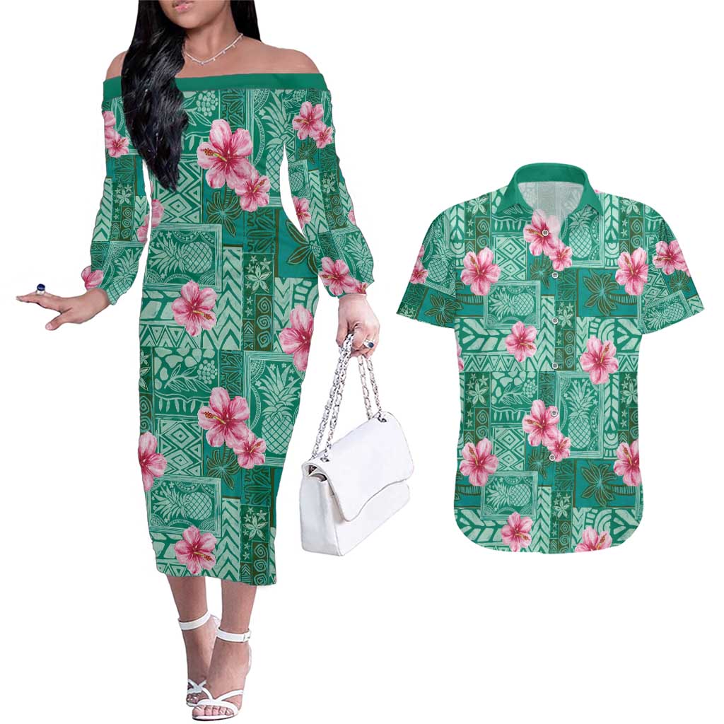 Cyan Hawaii Hibiscus With Tropical Flowers Motifs Couples Matching Off The Shoulder Long Sleeve Dress and Hawaiian Shirt LT14 Cyan - Polynesian Pride
