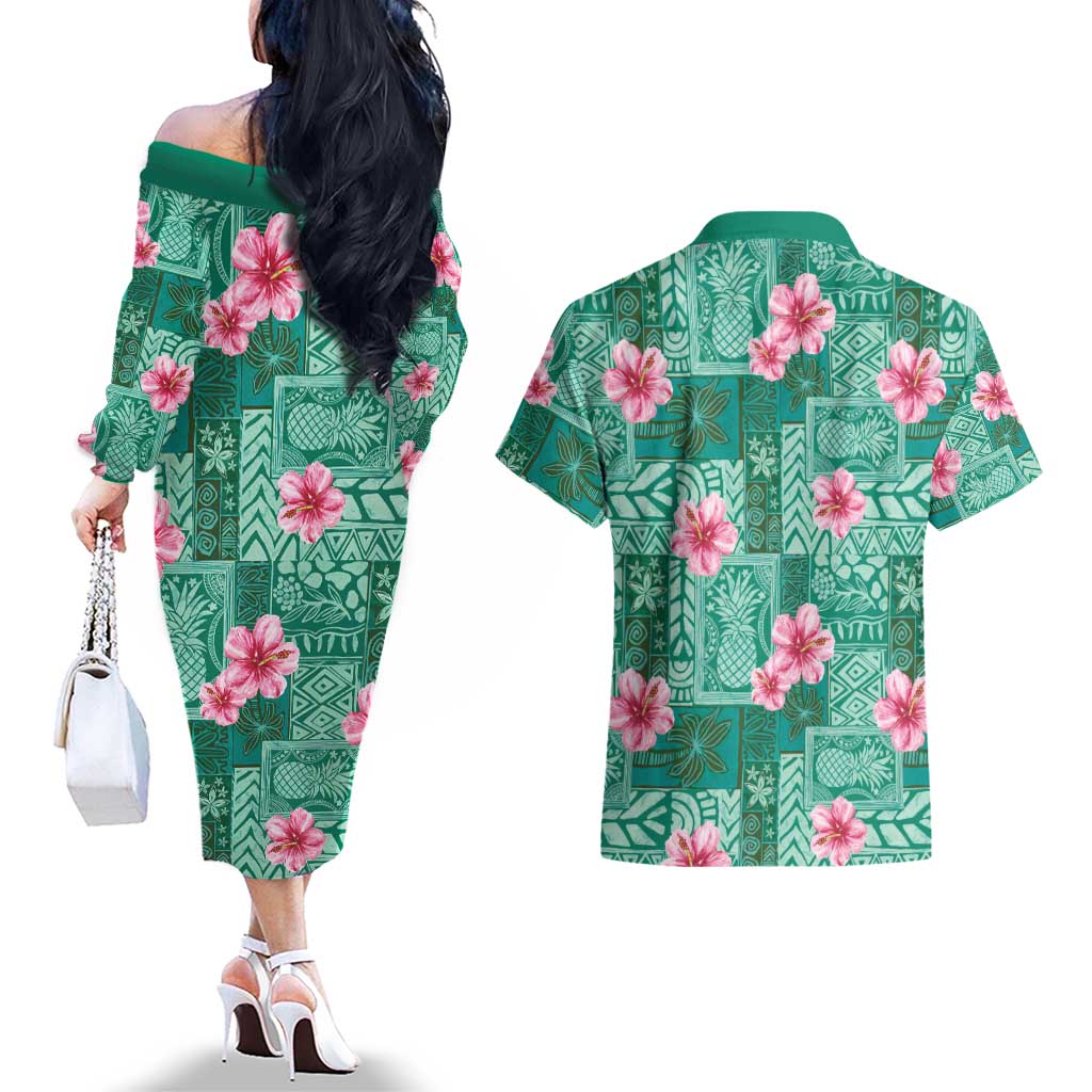 Cyan Hawaii Hibiscus With Tropical Flowers Motifs Couples Matching Off The Shoulder Long Sleeve Dress and Hawaiian Shirt LT14 - Polynesian Pride