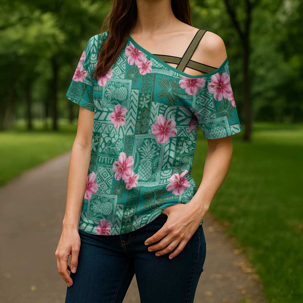 Cyan Hawaii Hibiscus With Tropical Flowers Motifs Cross Shoulder Shirt - Polynesian Pride