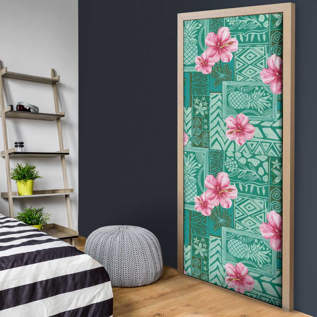Cyan Hawaii Hibiscus With Tropical Flowers Motifs Door Cover - Polynesian Pride