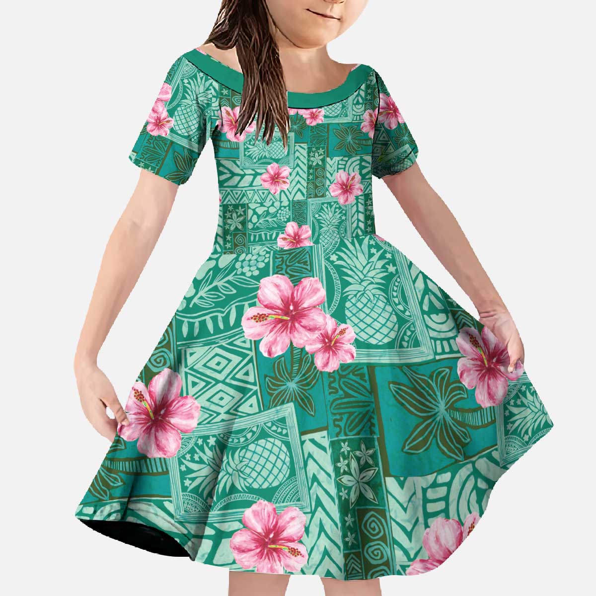 Cyan Hawaii Hibiscus With Tropical Flowers Motifs Family Matching Off The Shoulder Long Sleeve Dress and Hawaiian Shirt LT14 Daughter's Dress Cyan - Polynesian Pride