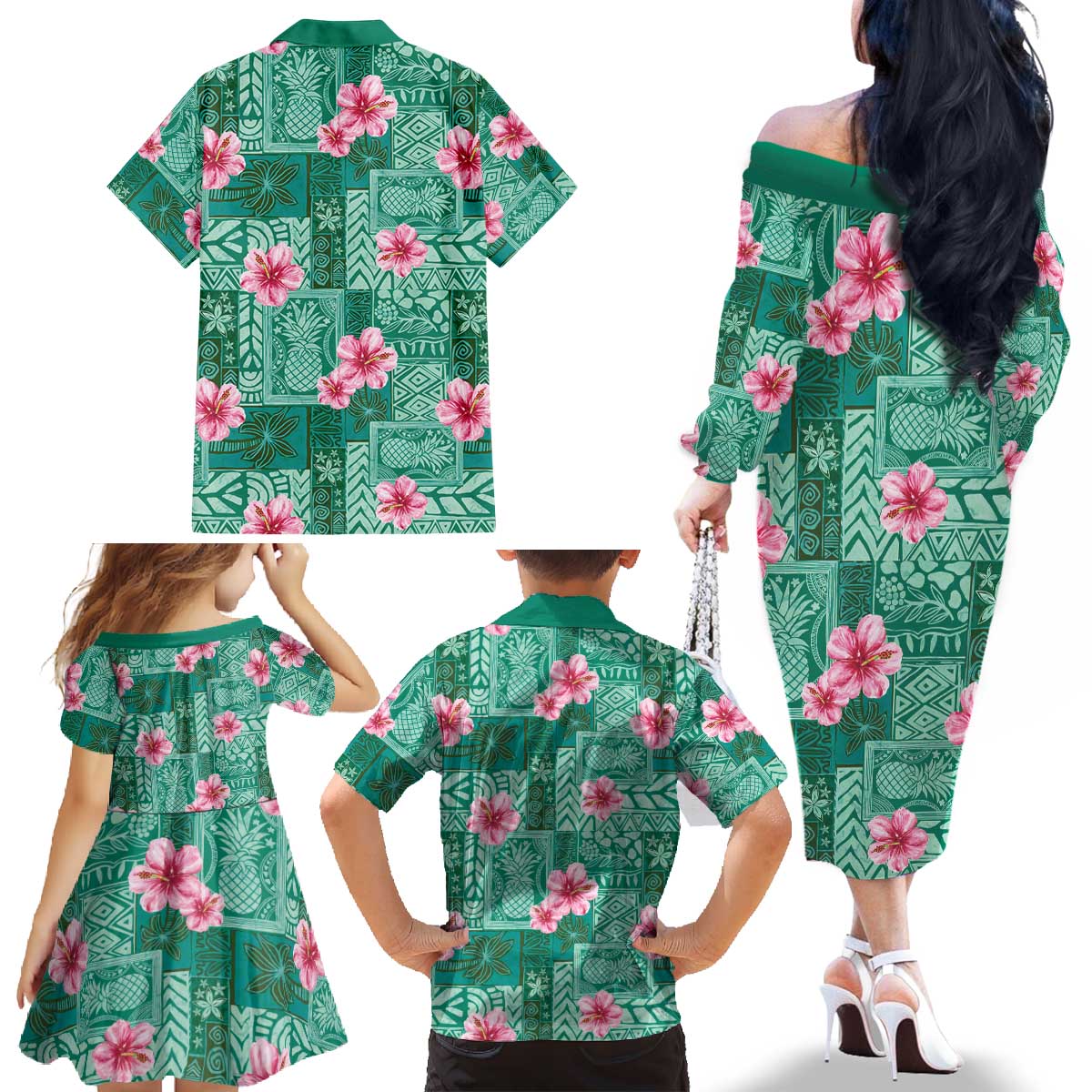 Cyan Hawaii Hibiscus With Tropical Flowers Motifs Family Matching Off The Shoulder Long Sleeve Dress and Hawaiian Shirt LT14 - Polynesian Pride