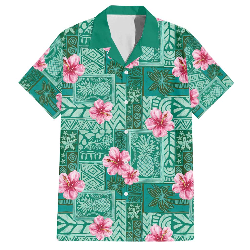 Cyan Hawaii Hibiscus With Tropical Flowers Motifs Family Matching Off Shoulder Maxi Dress and Hawaiian Shirt LT14 Dad's Shirt - Short Sleeve Cyan - Polynesian Pride