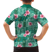 Cyan Hawaii Hibiscus With Tropical Flowers Motifs Family Matching Short Sleeve Bodycon Dress and Hawaiian Shirt LT14 - Polynesian Pride