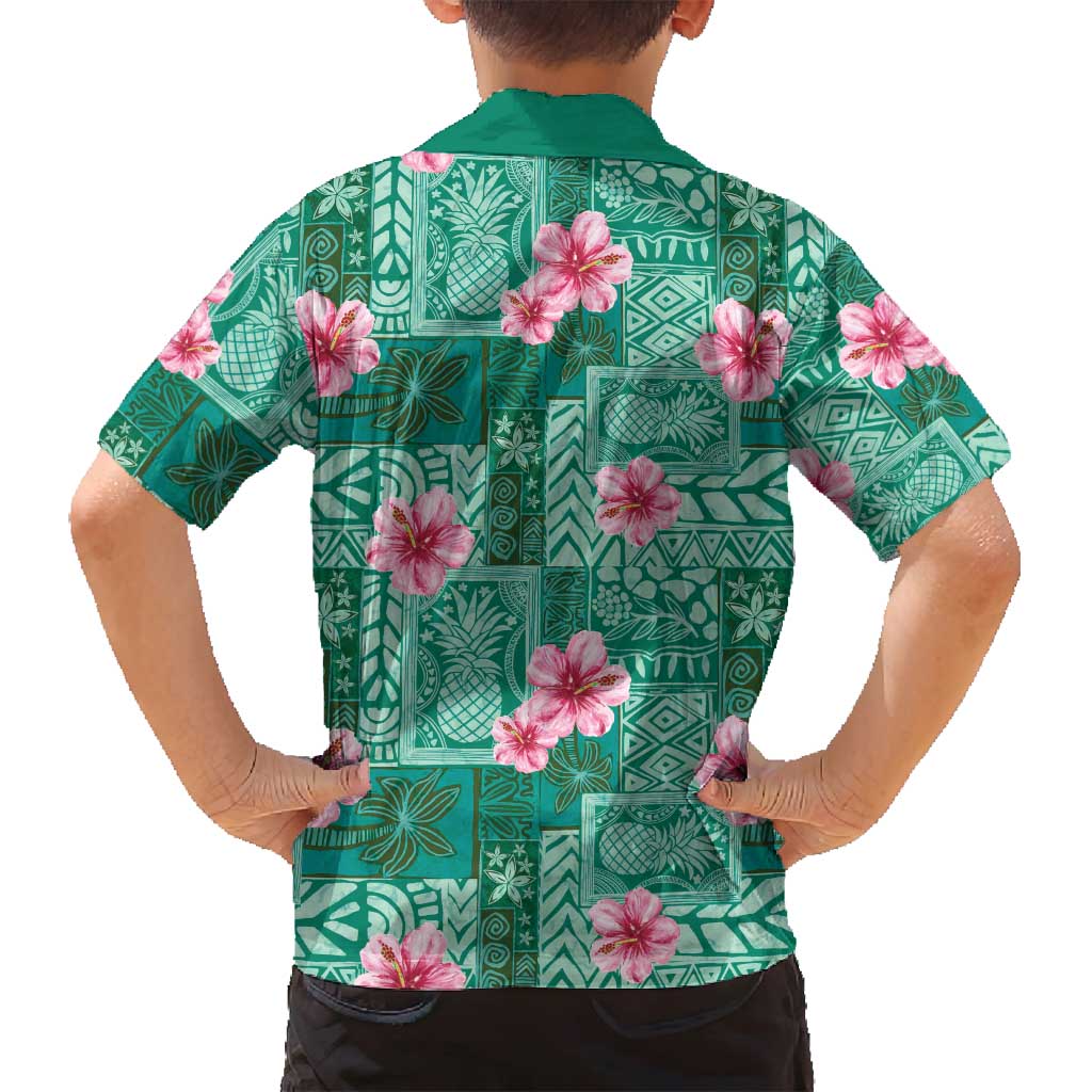 Cyan Hawaii Hibiscus With Tropical Flowers Motifs Family Matching Tank Maxi Dress and Hawaiian Shirt - Polynesian Pride