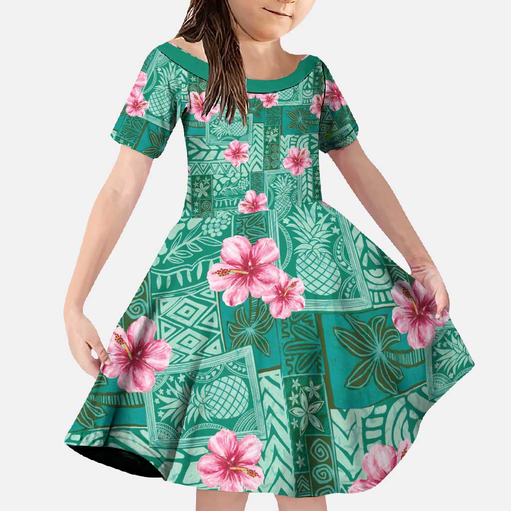 Cyan Hawaii Hibiscus With Tropical Flowers Motifs Family Matching Tank Maxi Dress and Hawaiian Shirt - Polynesian Pride