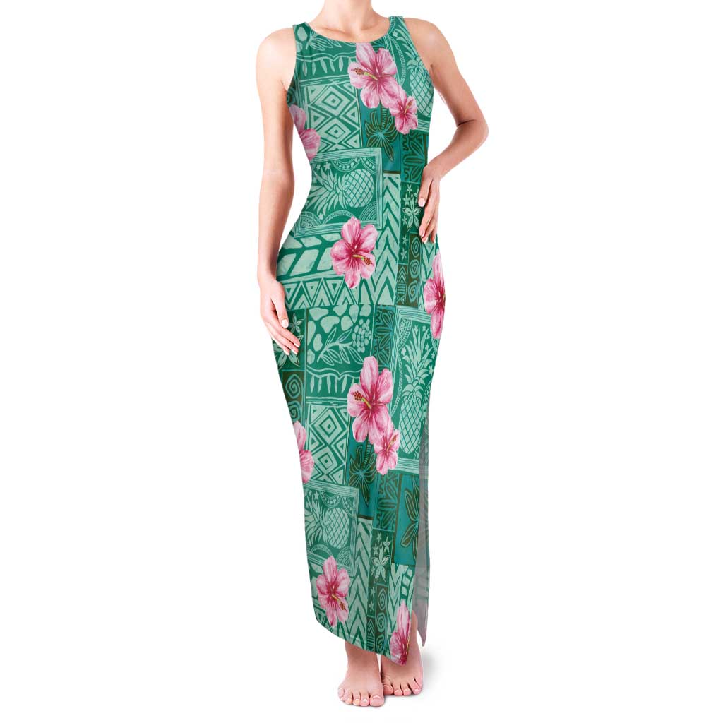 Cyan Hawaii Hibiscus With Tropical Flowers Motifs Family Matching Tank Maxi Dress and Hawaiian Shirt - Polynesian Pride