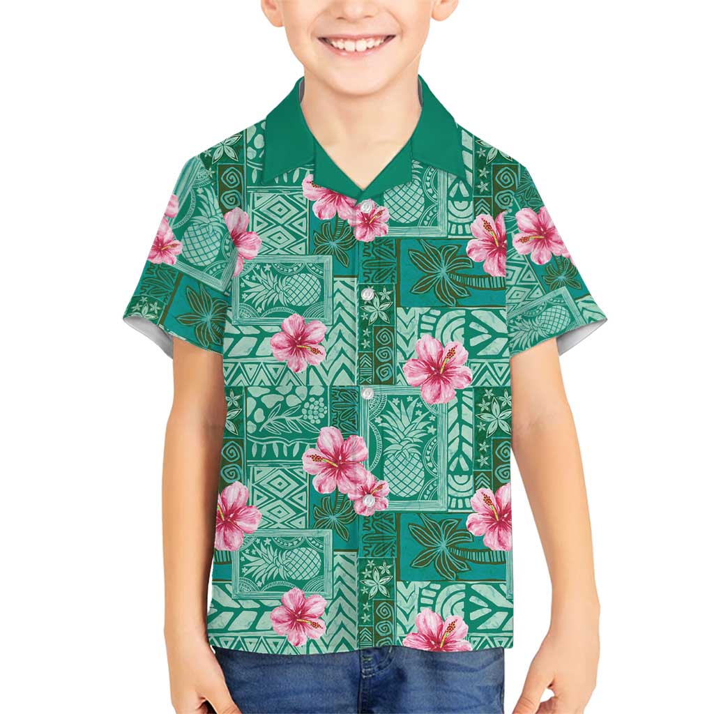 Cyan Hawaii Hibiscus With Tropical Flowers Motifs Family Matching Tank Maxi Dress and Hawaiian Shirt - Polynesian Pride