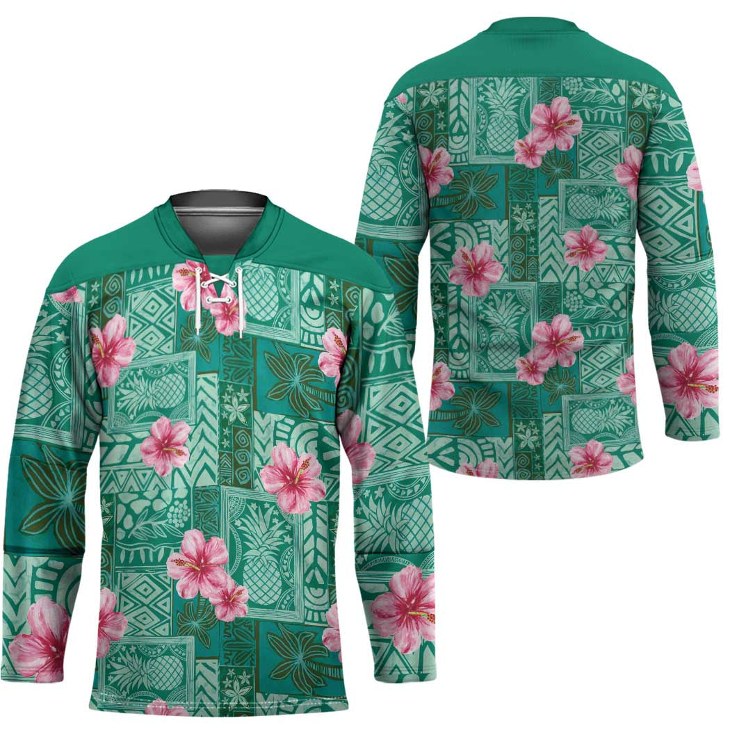 Cyan Hawaii Hibiscus With Tropical Flowers Motifs Hockey Jersey - Polynesian Pride