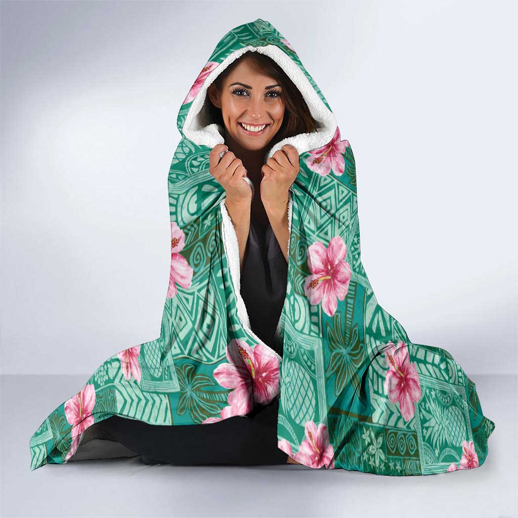 Cyan Hawaii Hibiscus With Tropical Flowers Motifs Hooded Blanket - Polynesian Pride