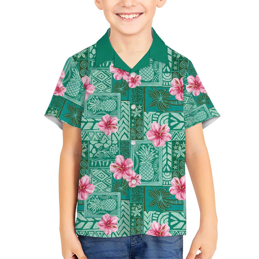 Cyan Hawaii Hibiscus With Tropical Flowers Motifs Kid Hawaiian Shirt - Polynesian Pride