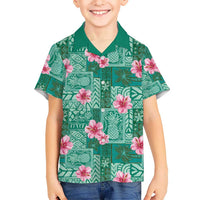 Cyan Hawaii Hibiscus With Tropical Flowers Motifs Kid Hawaiian Shirt - Polynesian Pride