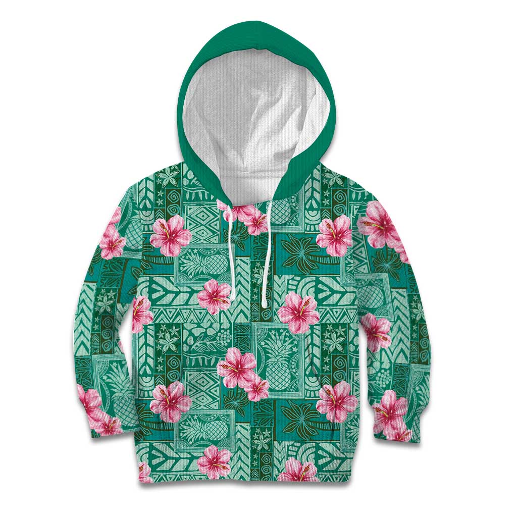 Cyan Hawaii Hibiscus With Tropical Flowers Motifs Kid Hoodie - Polynesian Pride
