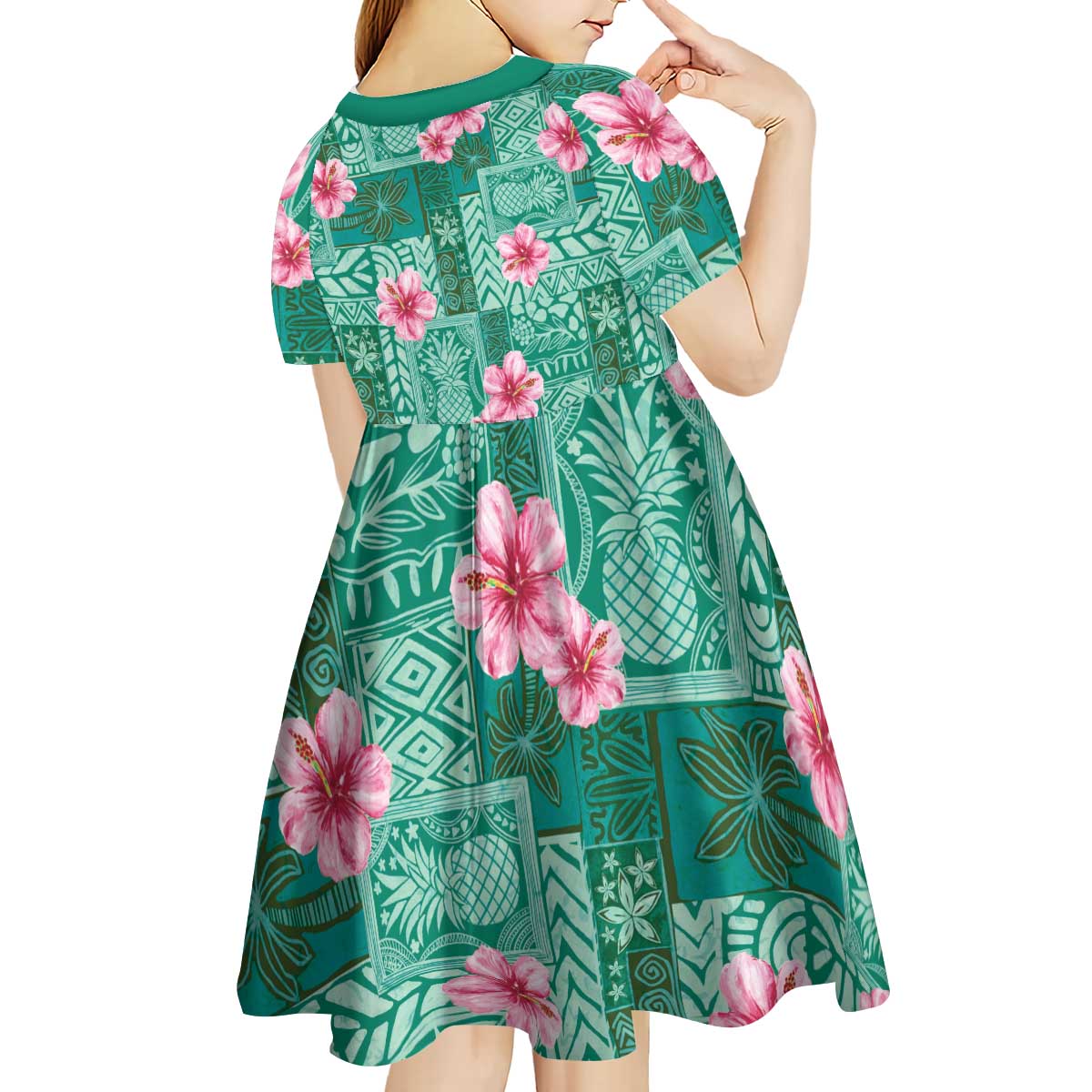 Cyan Hawaii Hibiscus With Tropical Flowers Motifs Kid Short Sleeve Dress - Polynesian Pride