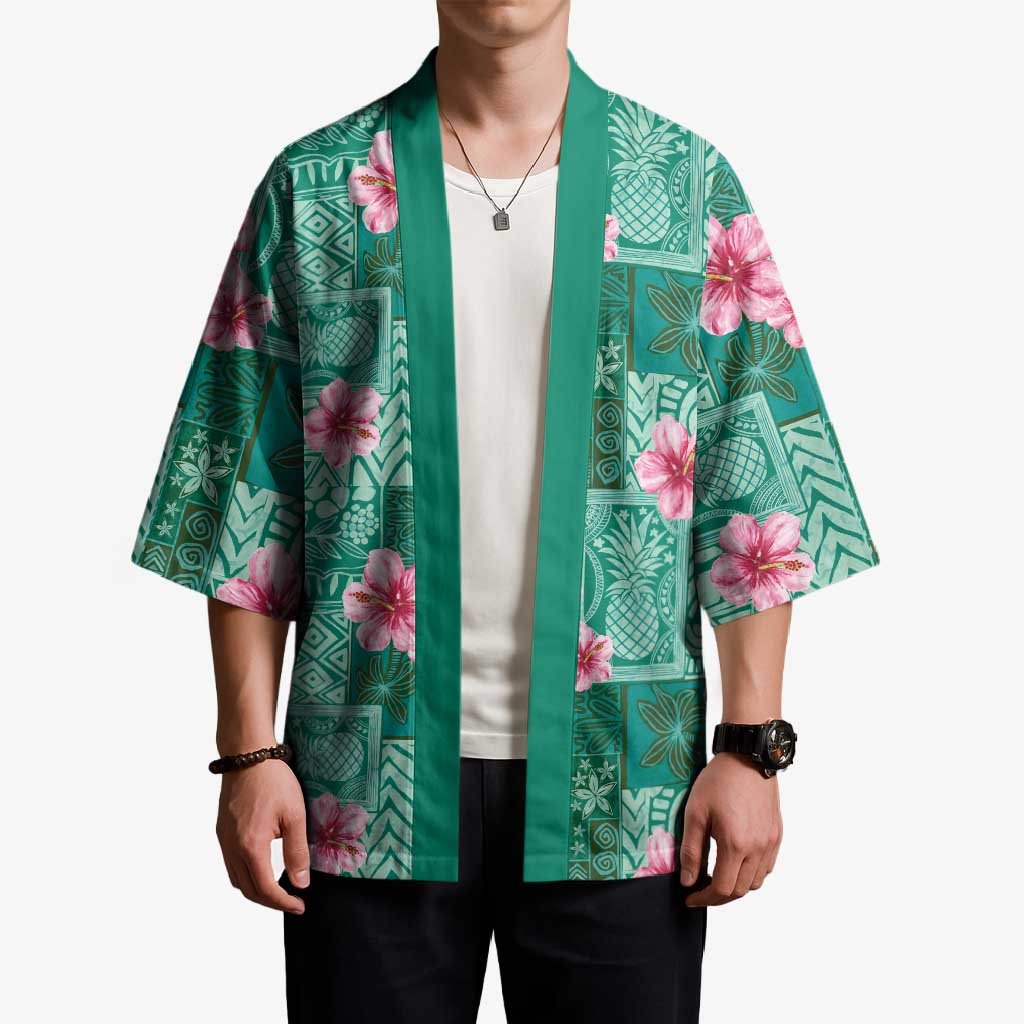 Cyan Hawaii Hibiscus With Tropical Flowers Motifs Kimono - Polynesian Pride