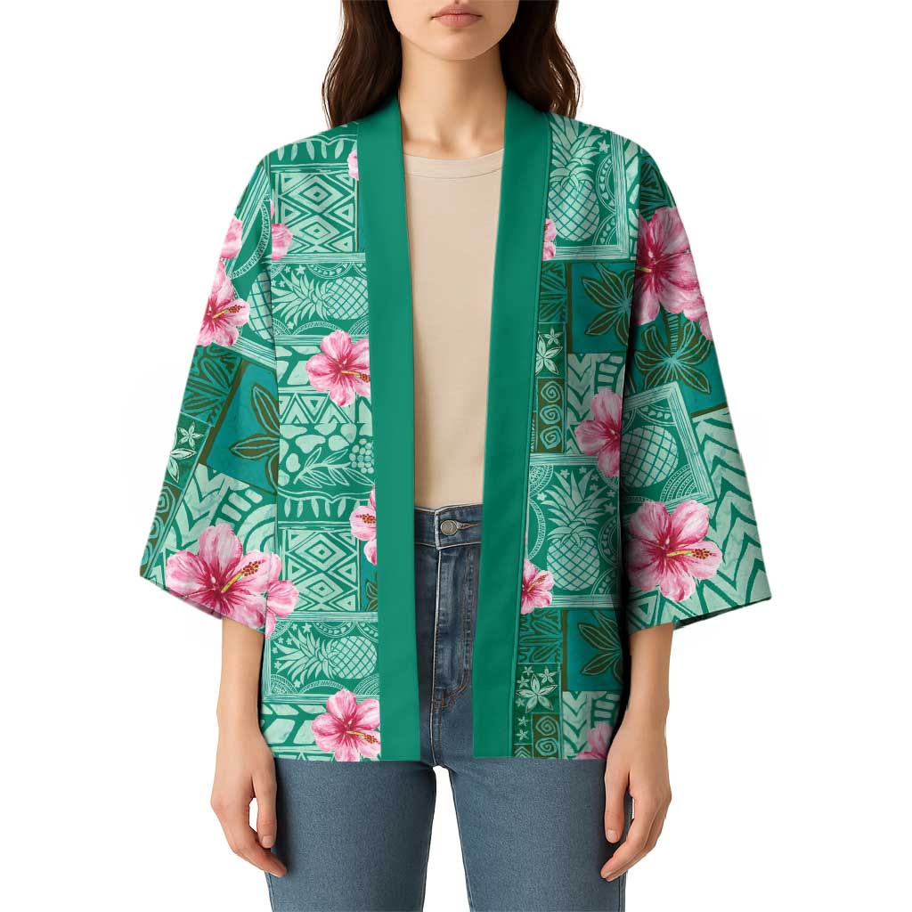 Cyan Hawaii Hibiscus With Tropical Flowers Motifs Kimono - Polynesian Pride