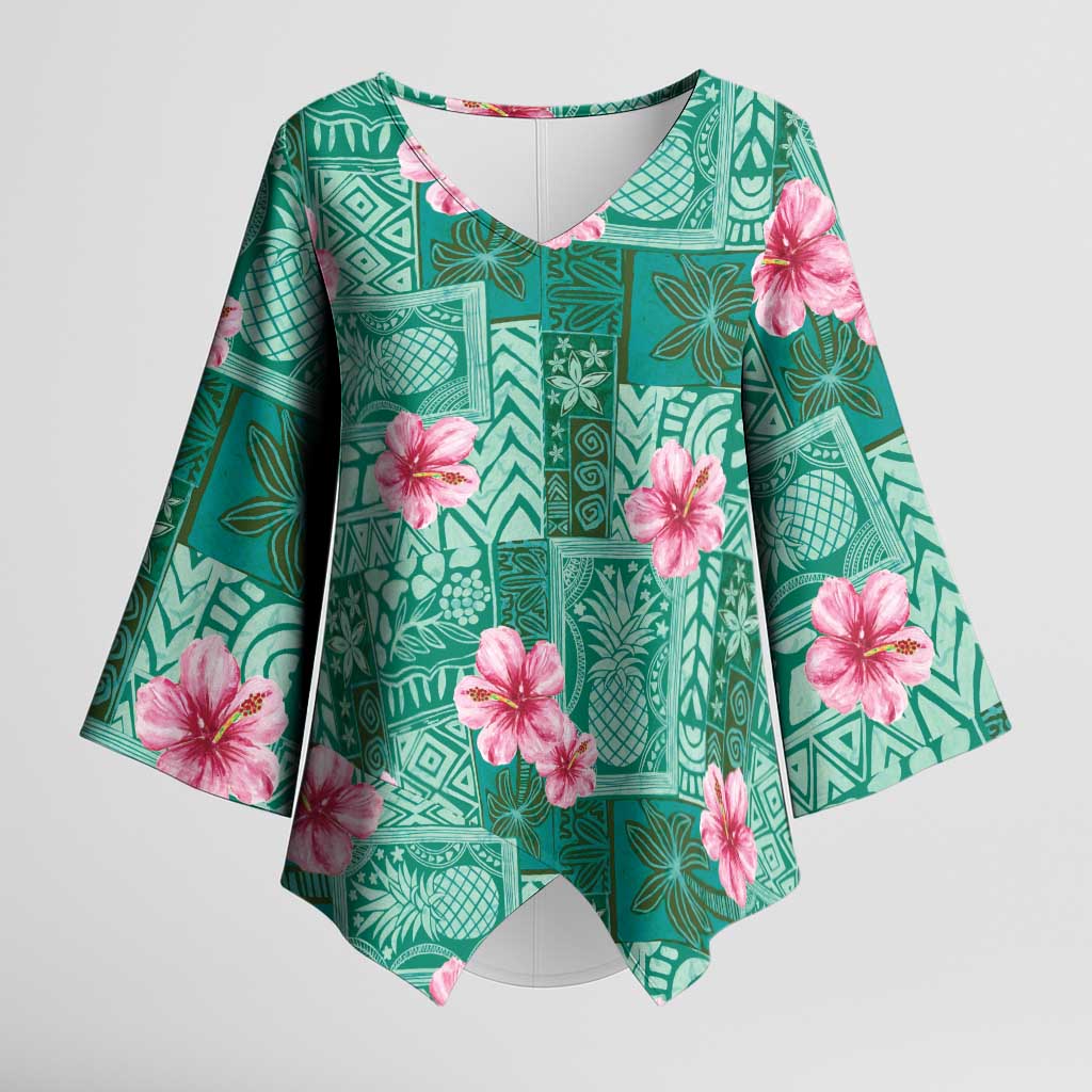Cyan Hawaii Hibiscus With Tropical Flowers Motifs Kimono Sleeve Blouse - Polynesian Pride