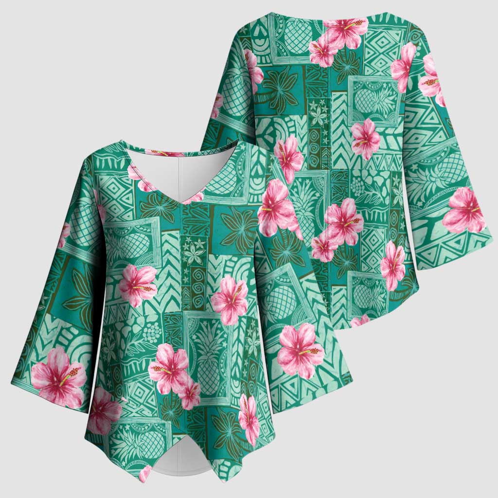 Cyan Hawaii Hibiscus With Tropical Flowers Motifs Kimono Sleeve Blouse - Polynesian Pride