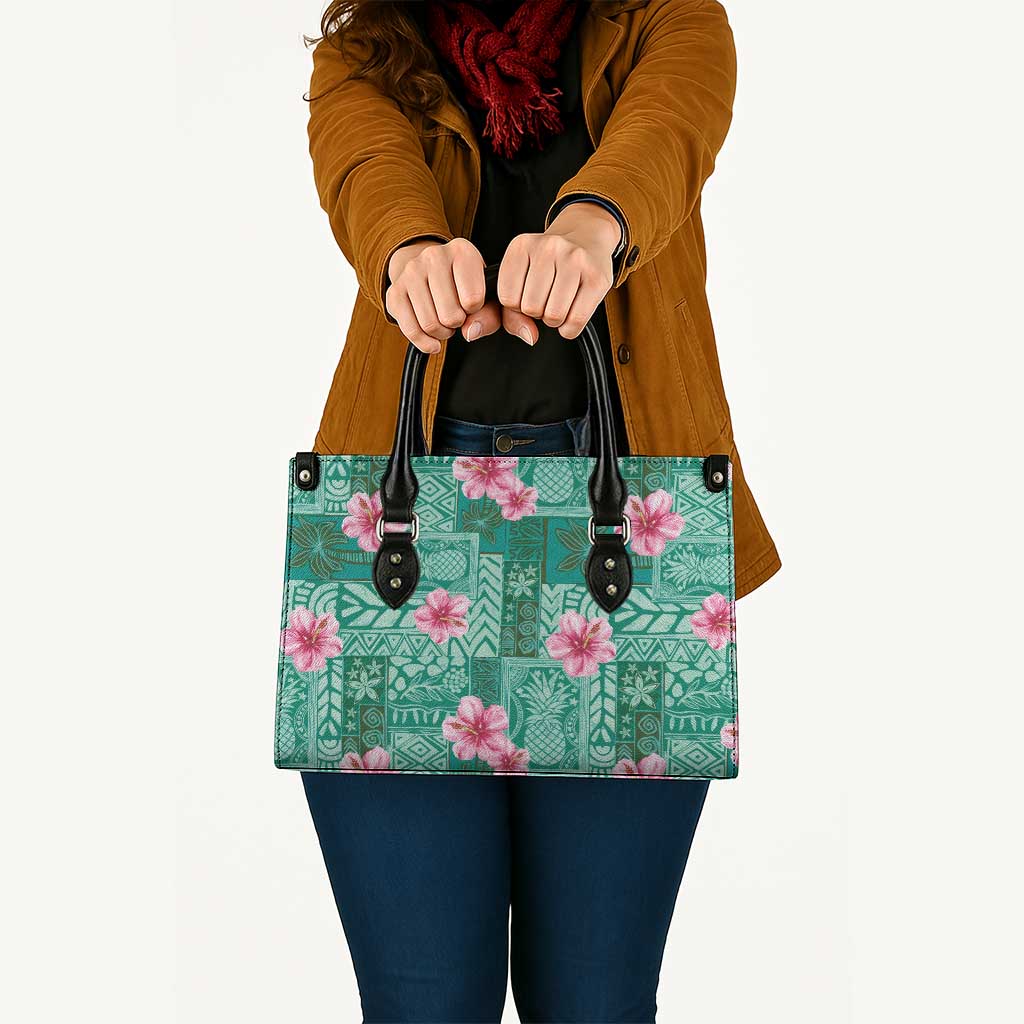 Cyan Hawaii Hibiscus With Tropical Flowers Motifs Leather Bag - Polynesian Pride
