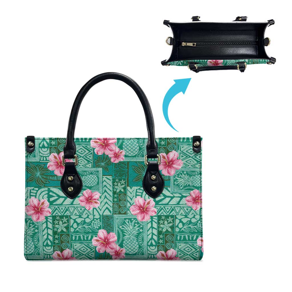 Cyan Hawaii Hibiscus With Tropical Flowers Motifs Leather Bag - Polynesian Pride