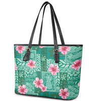 Cyan Hawaii Hibiscus With Tropical Flowers Motifs Leather Tote Bag - Polynesian Pride