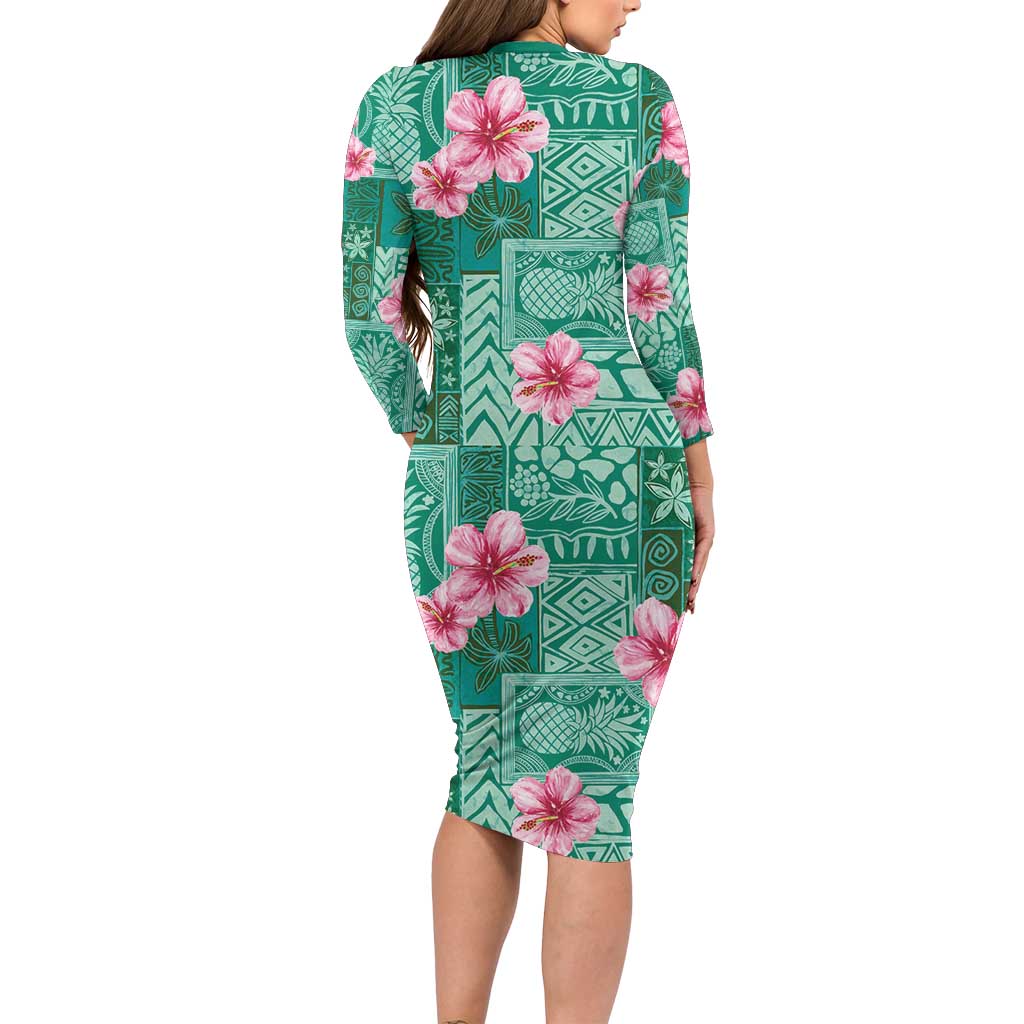 Cyan Hawaii Hibiscus With Tropical Flowers Motifs Long Sleeve Bodycon Dress - Polynesian Pride