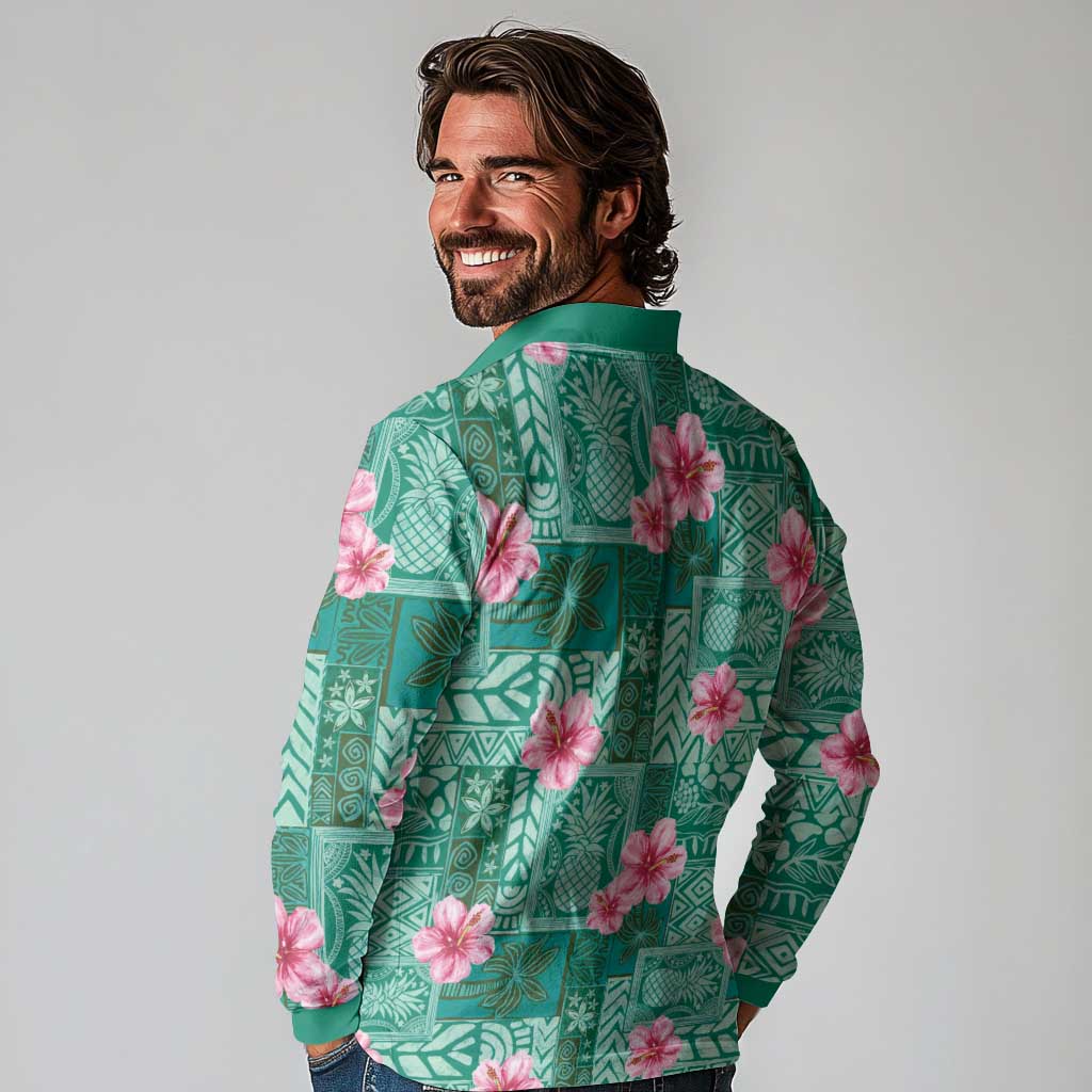 Cyan Hawaii Hibiscus With Tropical Flowers Motifs Long Sleeve Polo Shirt - Polynesian Pride