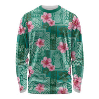Cyan Hawaii Hibiscus With Tropical Flowers Motifs Long Sleeve Shirt LT14 Unisex Cyan - Polynesian Pride