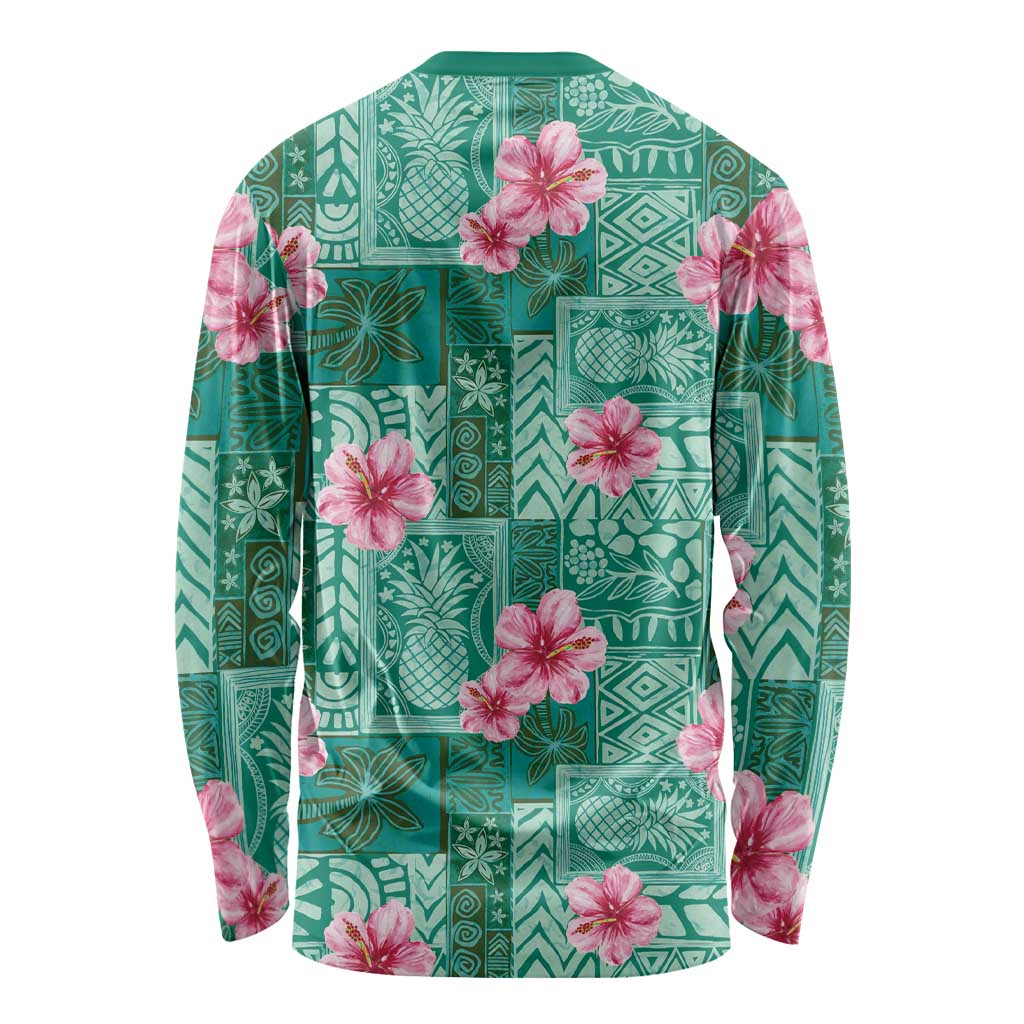 Cyan Hawaii Hibiscus With Tropical Flowers Motifs Long Sleeve Shirt LT14 - Polynesian Pride