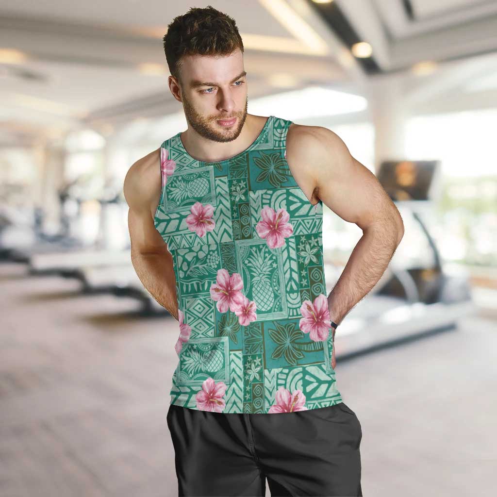 Cyan Hawaii Hibiscus With Tropical Flowers Motifs Men Tank Top LT14 Cyan - Polynesian Pride