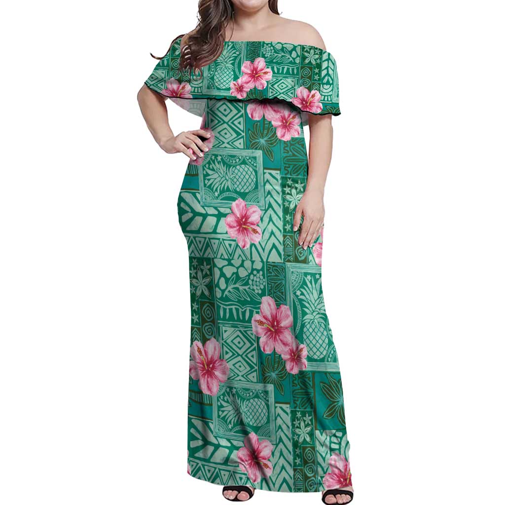 Cyan Hawaii Hibiscus With Tropical Flowers Motifs Off Shoulder Maxi Dress LT14 Women Cyan - Polynesian Pride