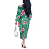 Cyan Hawaii Hibiscus With Tropical Flowers Motifs Off The Shoulder Long Sleeve Dress - Polynesian Pride