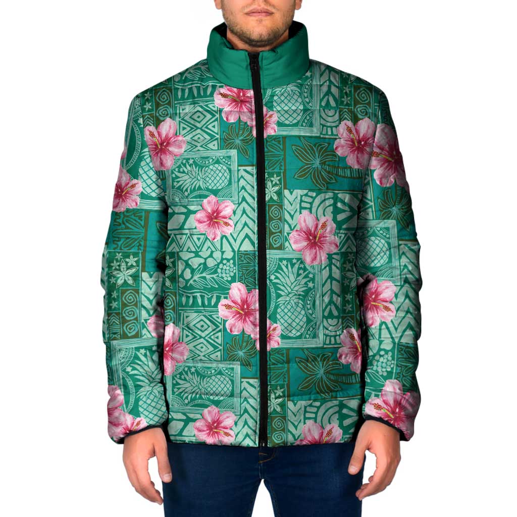 Cyan Hawaii Hibiscus With Tropical Flowers Motifs Padded Jacket - Polynesian Pride