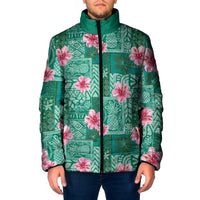 Cyan Hawaii Hibiscus With Tropical Flowers Motifs Padded Jacket - Polynesian Pride