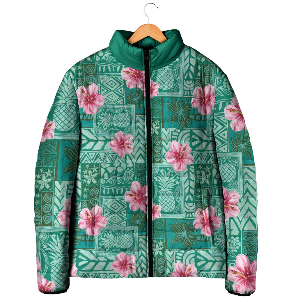 Cyan Hawaii Hibiscus With Tropical Flowers Motifs Padded Jacket - Polynesian Pride