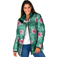 Cyan Hawaii Hibiscus With Tropical Flowers Motifs Padded Jacket - Polynesian Pride