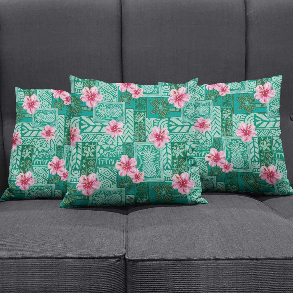 Cyan Hawaii Hibiscus With Tropical Flowers Motifs Pillow Cover - Polynesian Pride