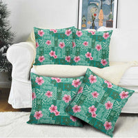 Cyan Hawaii Hibiscus With Tropical Flowers Motifs Pillow Cover - Polynesian Pride