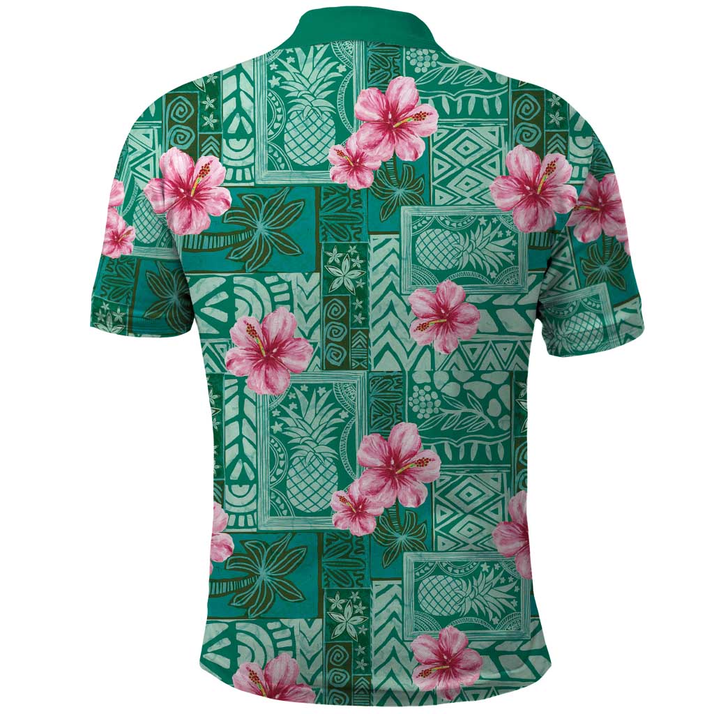 Cyan Hawaii Hibiscus With Tropical Flowers Motifs Polo Shirt - Polynesian Pride