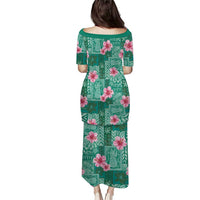 Cyan Hawaii Hibiscus With Tropical Flowers Motifs Puletasi - Polynesian Pride