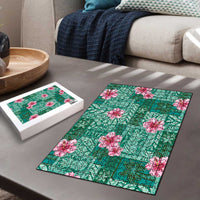 Cyan Hawaii Hibiscus With Tropical Flowers Motifs Puzzle - Polynesian Pride