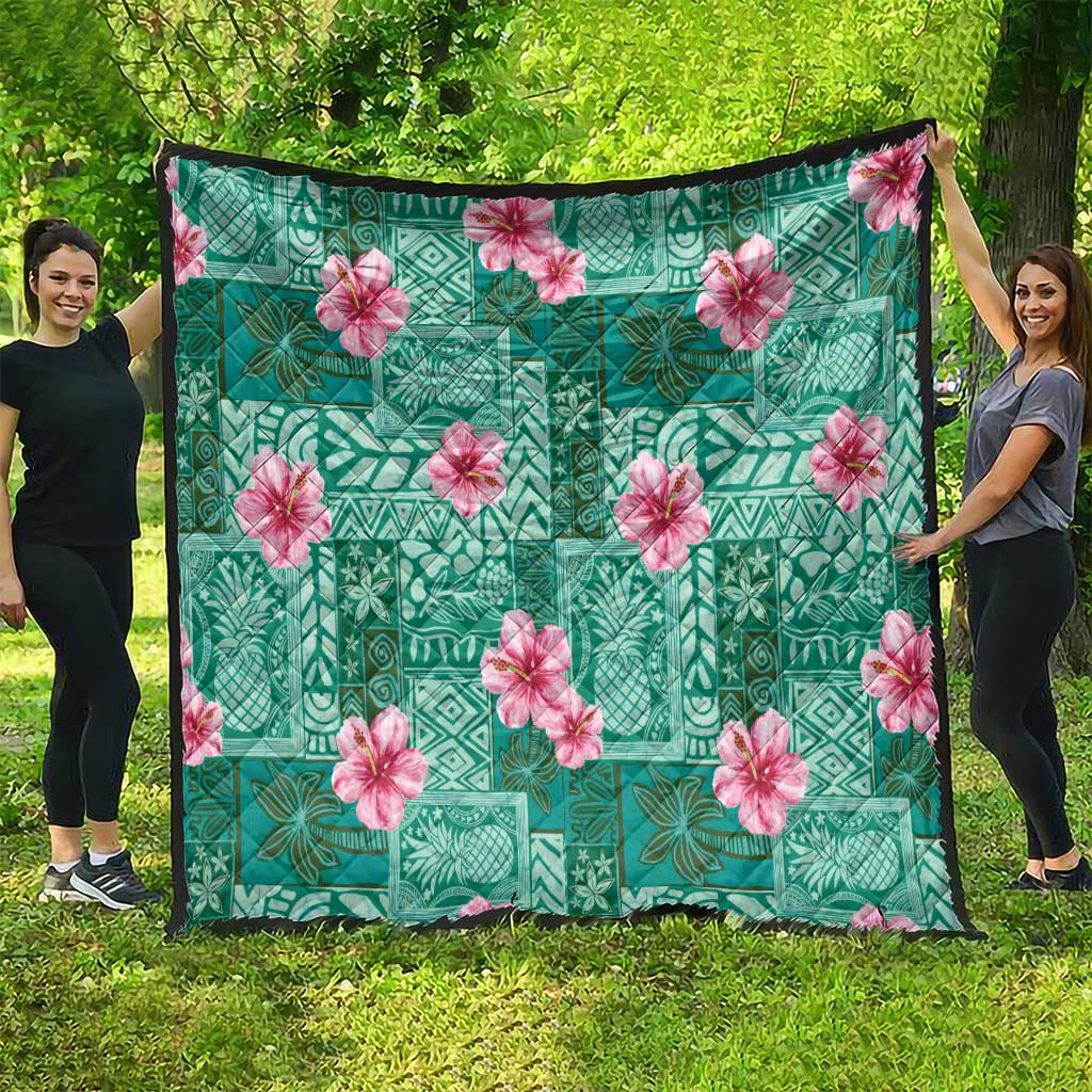 Cyan Hawaii Hibiscus With Tropical Flowers Motifs Quilt - Polynesian Pride